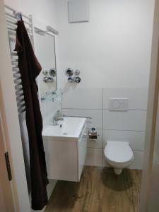 biała łazienka z toaletą i umywalką w obiekcie Schöne, gemütliche möblierte 2 Zi Wohnung in RGB w Ratyzbonie