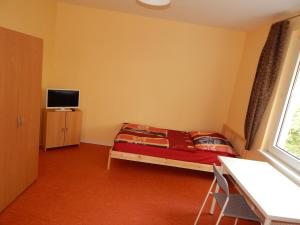 a small bedroom with a bed and a television at Home at Friends' - City - Zu Hause bei Freunden in Dortmund