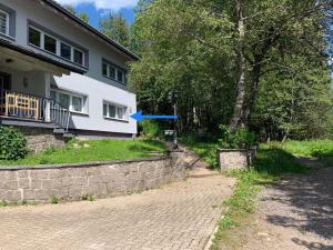 a blue frisbee is flying over a stone wall next to a house at Ferienwohnung Heimweg in Feldberg