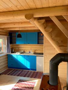 a kitchen with blue cabinets and a wooden ceiling at Drevenica Magdaléna in Trstené