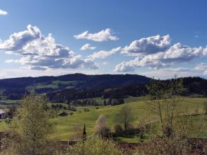 un campo verde con árboles y nubes en el cielo en Allgäuer Ausblick, en Missen-Wilhams