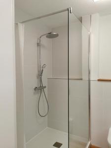 a shower with a glass door in a bathroom at Allgäuer Ausblick in Missen-Wilhams