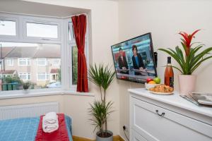 a living room with a flat screen tv on a wall at Economy Double Room G2 (Sandycroft Guest House) in London