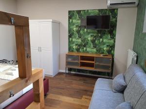 a living room with a couch and a tv on a wall at Terra Ciociara BnB in Frosinone