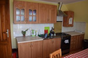 a kitchen with wooden cabinets and a stove at Pokoje U Emilii in Kąty Rybackie