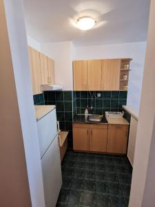 a small kitchen with wooden cabinets and green tiles at Bulevar Stan na Dan in Novi Sad