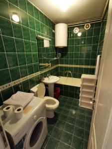 a green tiled bathroom with a toilet and a sink at Bulevar Stan na Dan in Novi Sad
