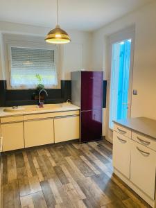 a kitchen with a sink and a refrigerator at Bel Appartement calme dans villa Provençale in Montboucher-sur-Jabron
