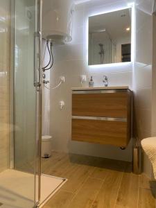 Un baño con lavabo y ducha con espejo. en Noelle apartment, en Rovinj 30 fotos más