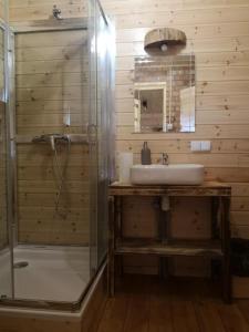 a bathroom with a glass shower and a sink at Pod Dębem in Winnica