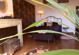 a living room with a bed and a plant at Retro Parisian Apartment - Spacious 75m2 and fully equipped - Fabulous location IN city center in Namur