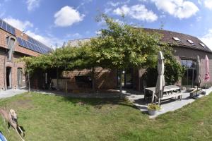 une arrière-cour avec un arbre, un parasol et un banc dans l'établissement Akrenbos 101, à Bever