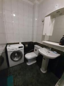 une petite salle de bains avec un lave-linge et un lavabo dans l'établissement 2-x Apartments Center Wi-Fi около Площади, à Tchernihiv