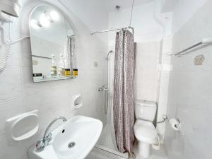 
a bathroom with a toilet a sink and a shower at Aquarius Village Agistri in Skala
