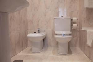 
a white toilet sitting next to a sink in a bathroom at Hotel Ezeiza in San Sebastián
