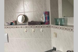 a bathroom with a mirror on a shelf above a sink at Ferienwohnung Harzglueck auf 2 Etagen mit grossem SW-Balkon in Hohegeiß +15 photos