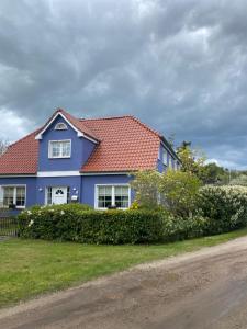 niebieski dom z czerwonym dachem w obiekcie Ferienwohnung Gänsemarkt w mieście Born