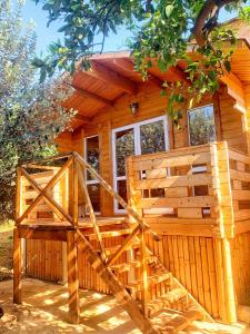 a log cabin with a staircase in front of it at U Valentiny in Novy Afon