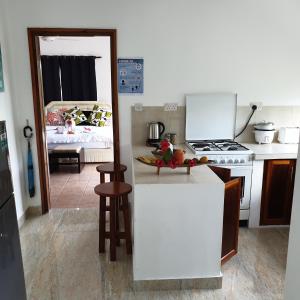 a kitchen with a refrigerator and a kitchen with a bed at Chalets Des Vacances in Takamaka