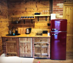 a kitchen with a red refrigerator and wooden walls at Dusza Chata w Bieszczadach in Myczkowce