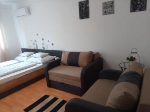 un soggiorno con divano e letto di merRelax Apartman a Miskolc