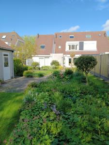 棟堡的住宿－Garden cottage Domburg，庭院里种满鲜花和植物的花园