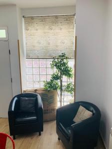 a living room with two chairs and a window at Puerto De la Cruz in Madrid