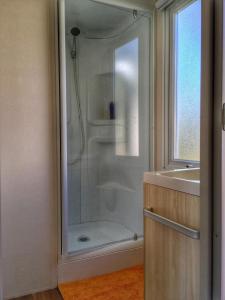 una ducha con una puerta de cristal junto a un lavabo en Mobil Home pour 6 personnes climatisé à quelques minutes des plages en Agde