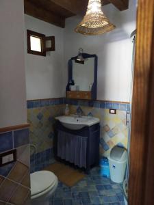 un bagno con lavandino, water e specchio di Antico Rustico a Scopello Altre 31 foto