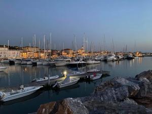 a group of boats docked in a marina at night at Liana monolocale in San Vincenzo +27 photos