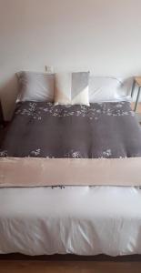 1 cama con manta negra y almohadas blancas en Habitación, muy amplia y luminosa, muy cerca del centro a 15 min en el metro a Sol y Gran Vía, en Madrid