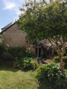 ein Backsteinhaus mit einem Baum davor in der Unterkunft Atelier aux Dimes in Le Manoir