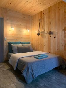 アクス・レ・テルムにあるLa Porteilleの木製の壁のベッドルーム1室(大型ベッド1台付)