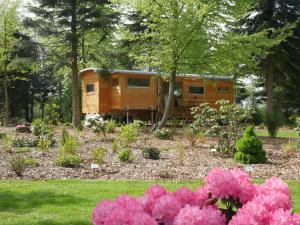 a tiny house in a garden with pink flowers at Tiny House, Kleinod im Grünen in Emstek
