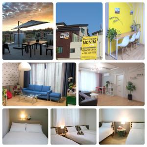 a collage of photos of a hotel room at Mr. Kim Guesthouse in Incheon