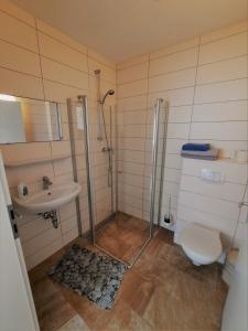 ein Badezimmer mit Dusche, Waschbecken und Toilette in der Unterkunft Pension Bei Valentina in Wertheim