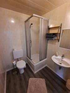 ein Badezimmer mit Dusche, Toilette und Waschbecken in der Unterkunft Pension Bei Valentina in Wertheim