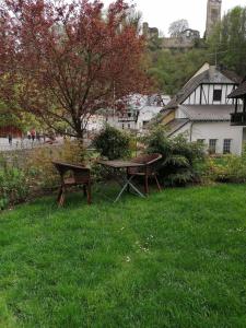 un tavolo da picnic e una panchina in un prato di BrexHäuschen - Urlaub im Grünen a Höhr-Grenzhausen