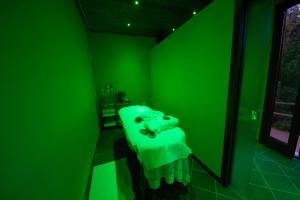 una stanza verde con una sedia verde di Villa Lecchi Hotel Wellness a Colle Val D'Elsa
