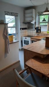een keuken met een houten tafel en een aanrecht bij Bed and Breakfast Filskov in Filskov