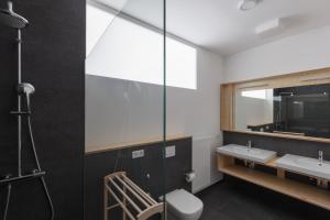 a bathroom with a shower and a sink and a mirror at Künstlerhaus in Niebüll +43 photos