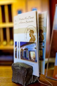 two books sitting on a table next to a rock at Mathias Rex in Szentendre