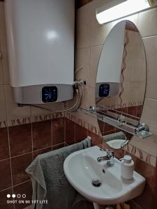 a bathroom with a sink and a mirror at Rákóczi Vendégház in Poroszló +92 photos