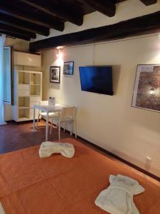 a living room with a table and a tv on a wall at Casa Vacanze Campo de' Fiori in Rome