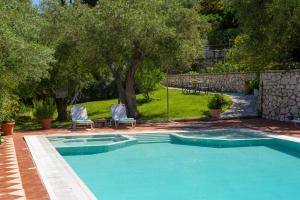 a swimming pool with two chairs and a tree at Evridiki's Villas in Agios Nikitas