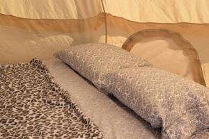 a leopard print blanket and pillow on a bed at Starlight Tent 2 in Holbrook