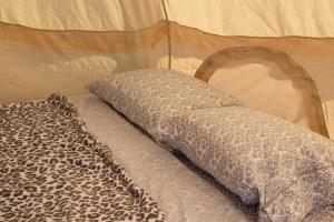 a leopard print blanket and pillow on a bed at Starlight Tent 3 in Holbrook