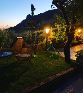 a yard with a bench and a table and lights at B&B Blanda in Maratea