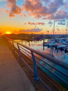 a bench in front of a marina at sunset at Hôtel de l'Espérance in Saint-Cast-le-Guildo