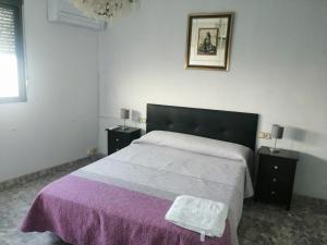 1 dormitorio con 1 cama grande con manta morada en Casa Rural Guzman, en Setenil